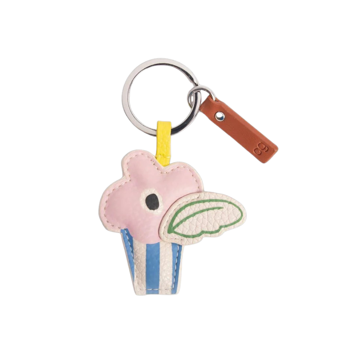 Keychain shaped like a cupcake with a face on a white background