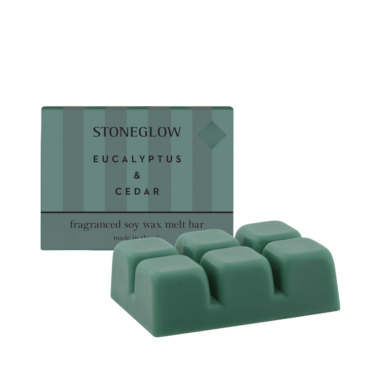 Stoneglow eucalyptus & cedar scented wax melt bars with packaging on a white background